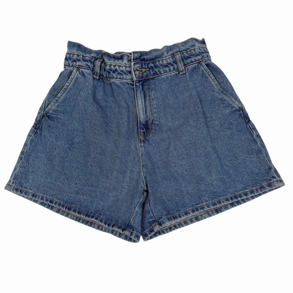ZARA Paper Bag Elastic Waist High Rise Blue Medium Wash Denim Shorts Women’s 8